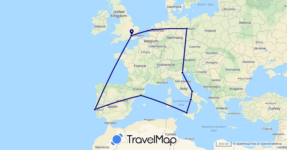 TravelMap itinerary: driving in Germany, Spain, United Kingdom, Italy, Netherlands, Portugal (Europe)